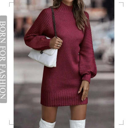 Vintage Winter Knitted Dress Ladies Chic Turtleneck Lantern Long Sleeve Mini Sweater Dresses for Women Clothes