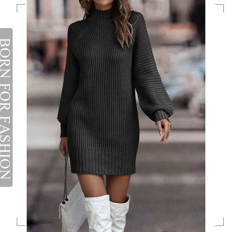 Vintage Winter Knitted Dress Ladies Chic Turtleneck Lantern Long Sleeve Mini Sweater Dresses for Women Clothes