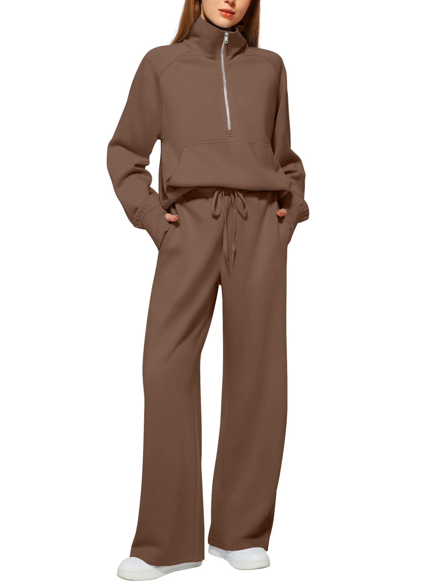 Women's Cotton Two-Piece Oversized Half-Zip Sweatshirt Wide Leg Sweatpants Casual Suit