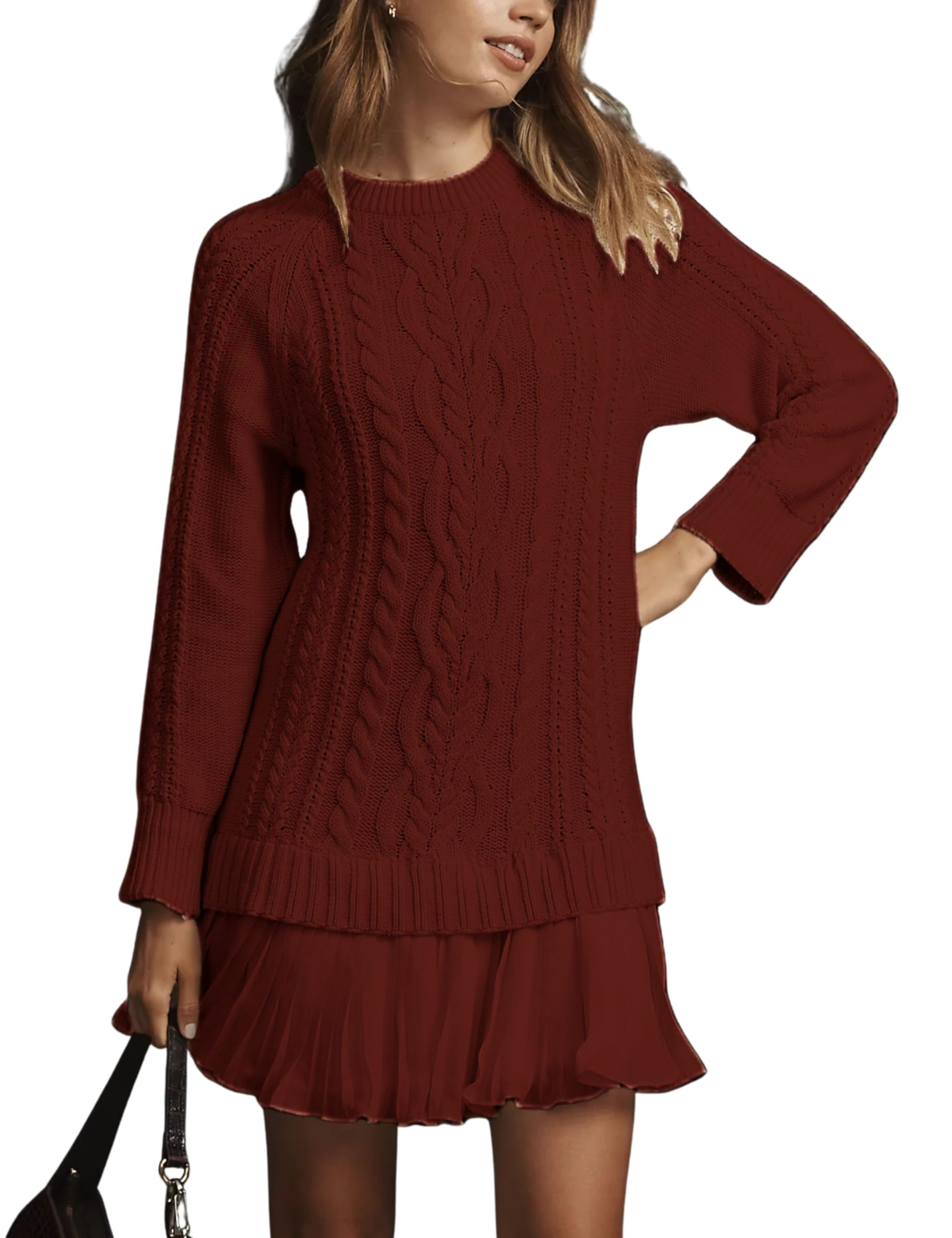 🔥Women Crewneck Cable Knit Sweater Mini Dress