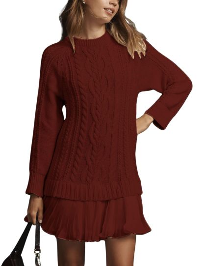 🔥Women Crewneck Cable Knit Sweater Mini Dress
