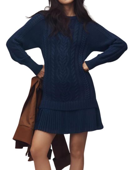 🔥Women Crewneck Cable Knit Sweater Mini Dress