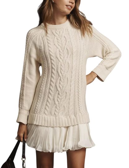 🔥Women Crewneck Cable Knit Sweater Mini Dress