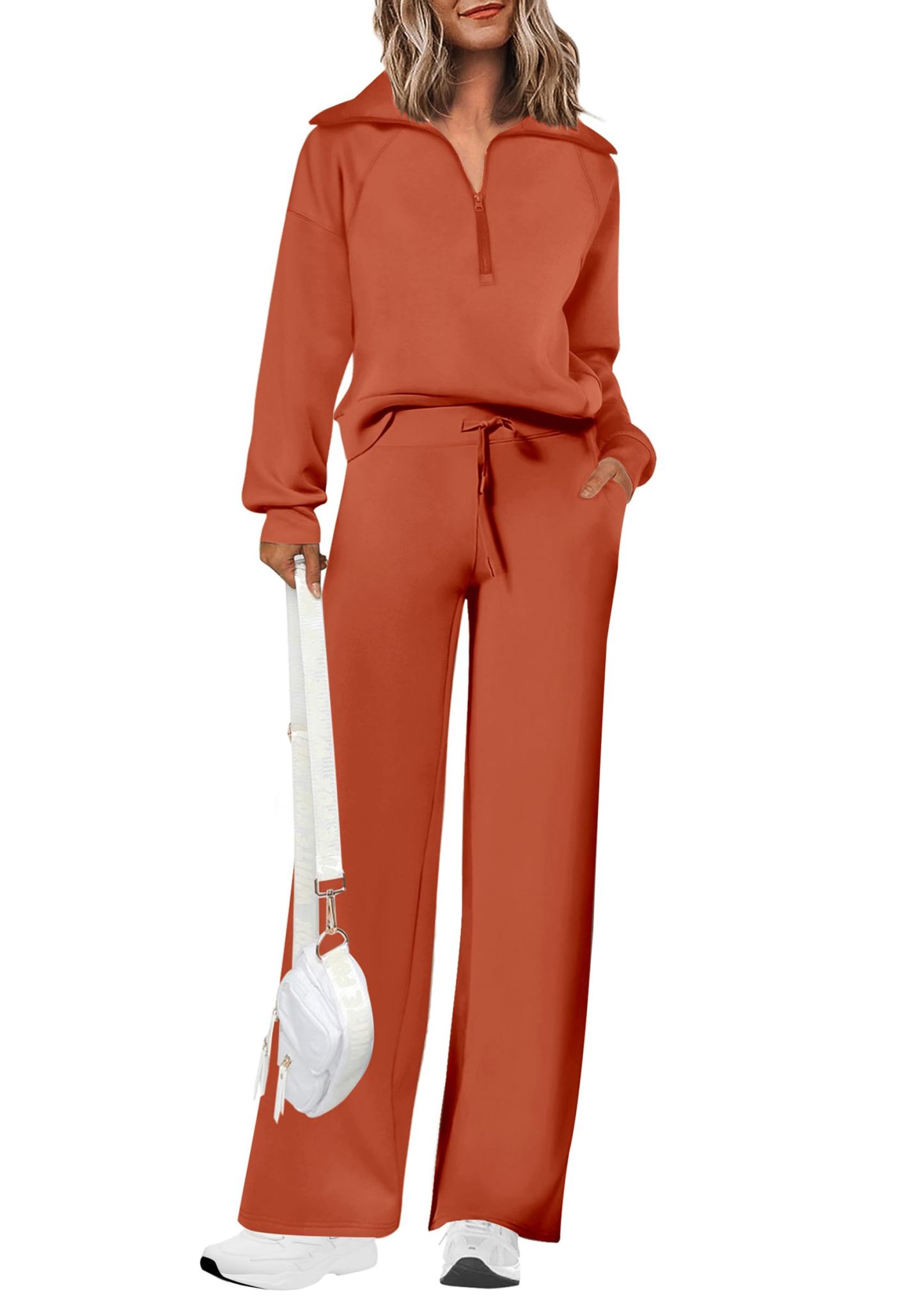 Women's Cotton Two-Piece Outfits Lapel Half-Zip Sweatshirt Wide Leg Sweatpants Casual Suit