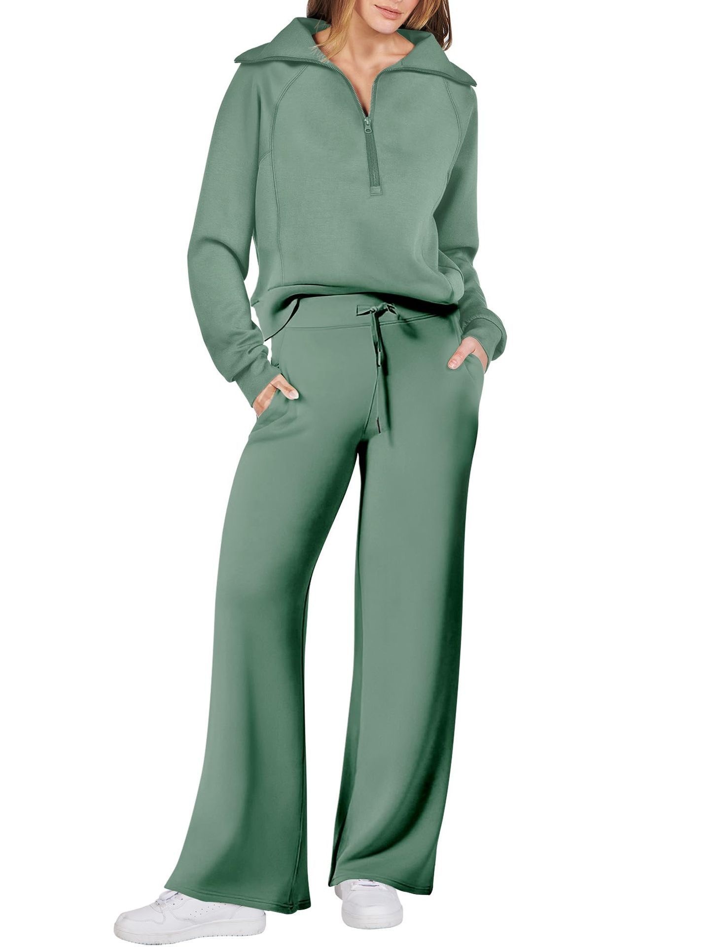 Women's Cotton Two-Piece Oversized Half-Zip Sweatshirt Wide Leg Sweatp