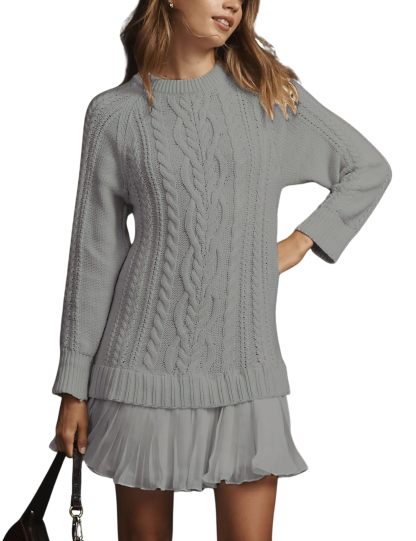 🔥Women Crewneck Cable Knit Sweater Mini Dress