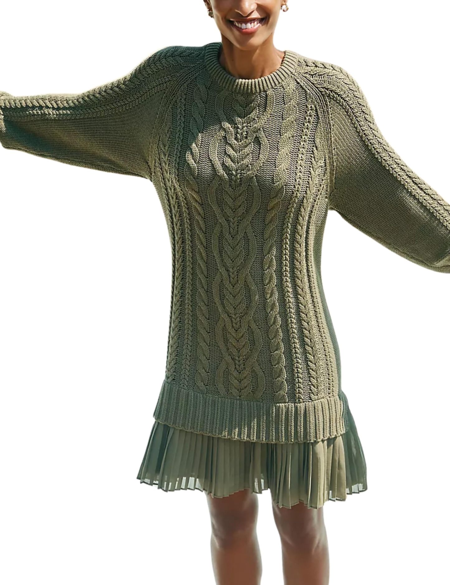 🔥Women Crewneck Cable Knit Sweater Mini Dress