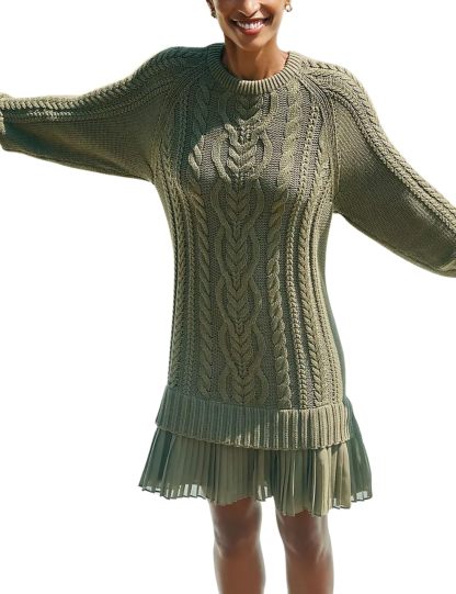 🔥Women Crewneck Cable Knit Sweater Mini Dress