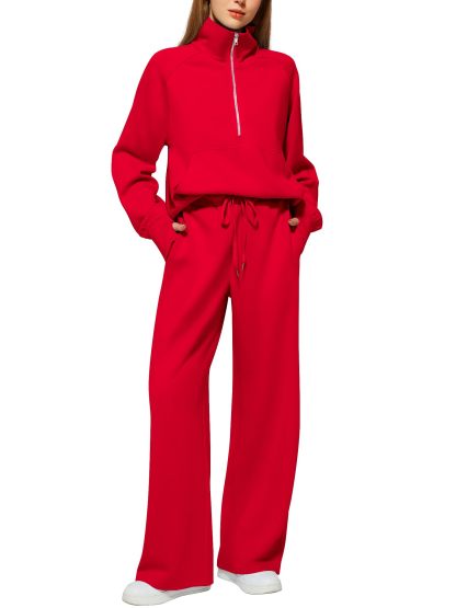 Women's Cotton Two-Piece Oversized Half-Zip Sweatshirt Wide Leg Sweatpants Casual Suit