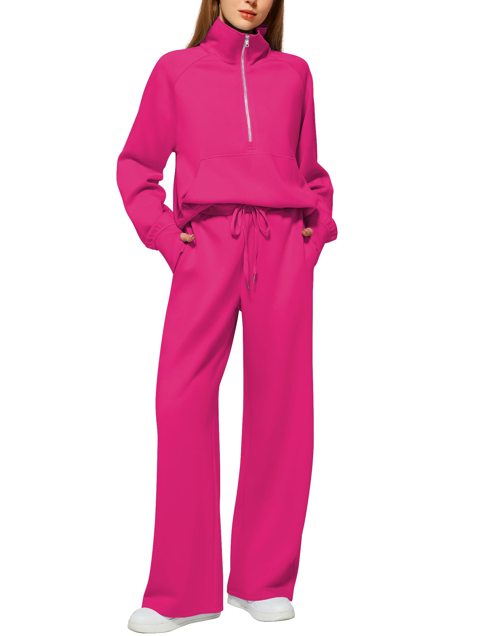 Women's Cotton Two-Piece Oversized Half-Zip Sweatshirt Wide Leg Sweatpants Casual Suit
