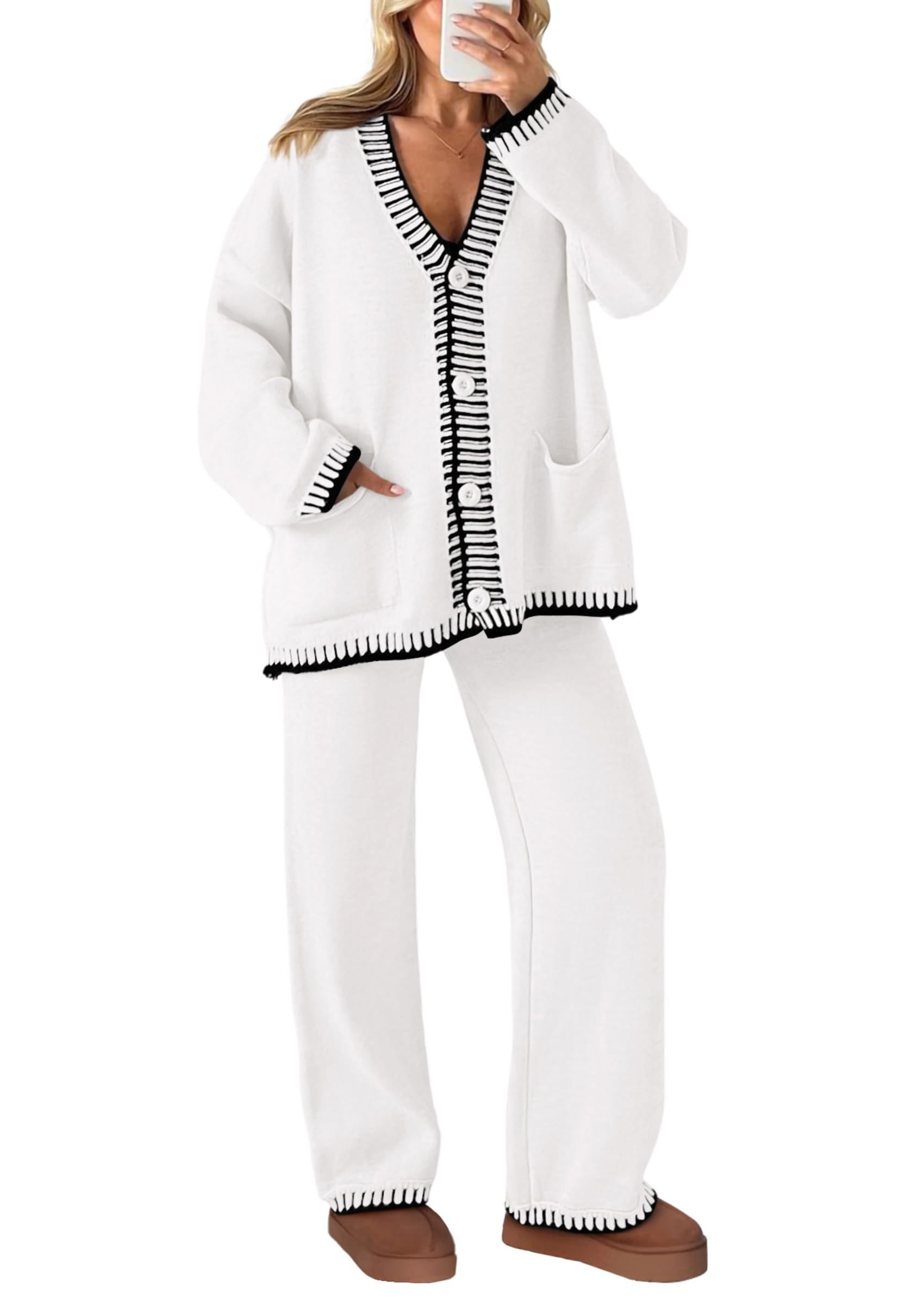 NEW🔥 2024 Women's Cotton Two-Piece Knit Leisure Suit Long Sleeved V Neck Cardigan Sweater Wide Legged Pants Sportswear