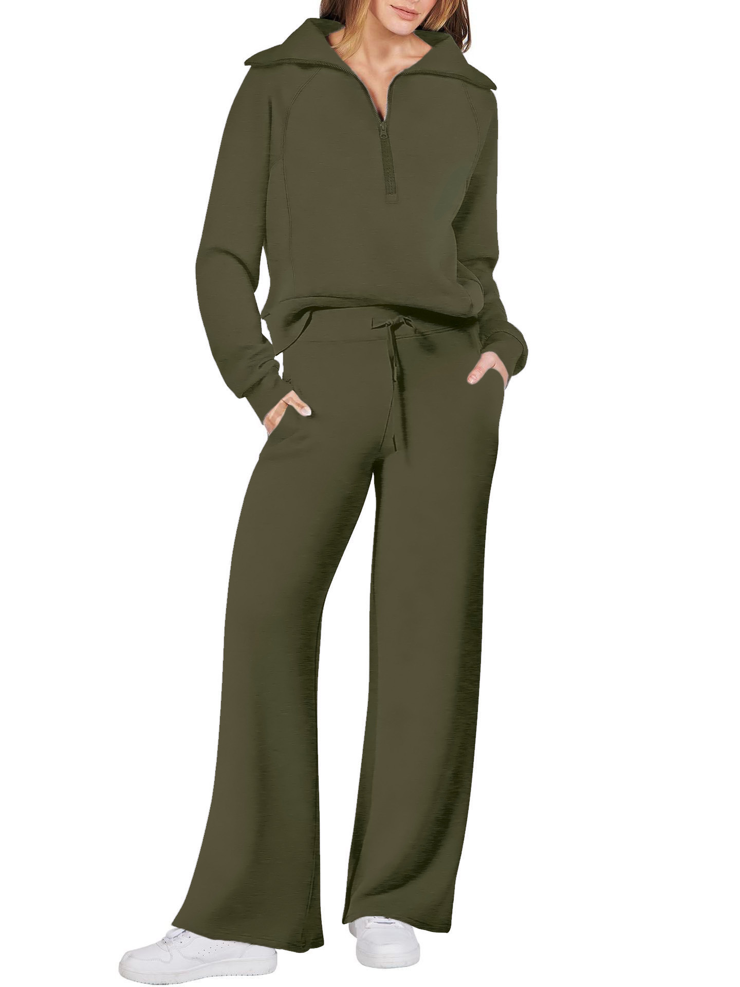 Women's Cotton Two-Piece Oversized Half-Zip Sweatshirt Wide Leg Sweatpants Casual Suit