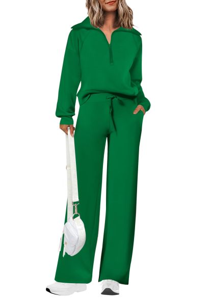 Women's Cotton Two-Piece Outfits Lapel Half-Zip Sweatshirt Wide Leg Sweatpants Casual Suit