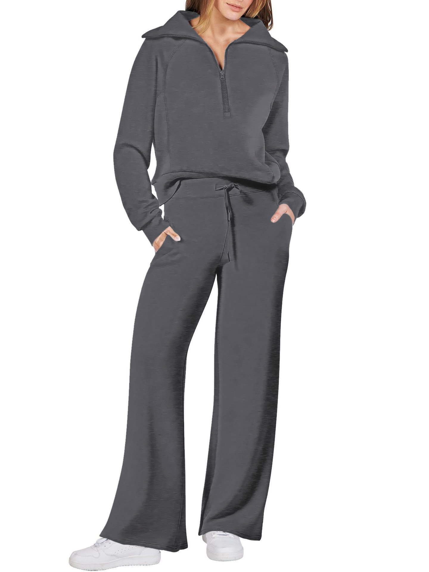 Women's Cotton Two-Piece Oversized Half-Zip Sweatshirt Wide Leg Sweatpants Casual Suit