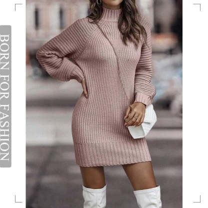 Vintage Winter Knitted Dress Ladies Chic Turtleneck Lantern Long Sleeve Mini Sweater Dresses for Women Clothes