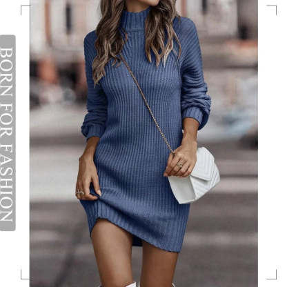 Vintage Winter Knitted Dress Ladies Chic Turtleneck Lantern Long Sleeve Mini Sweater Dresses for Women Clothes