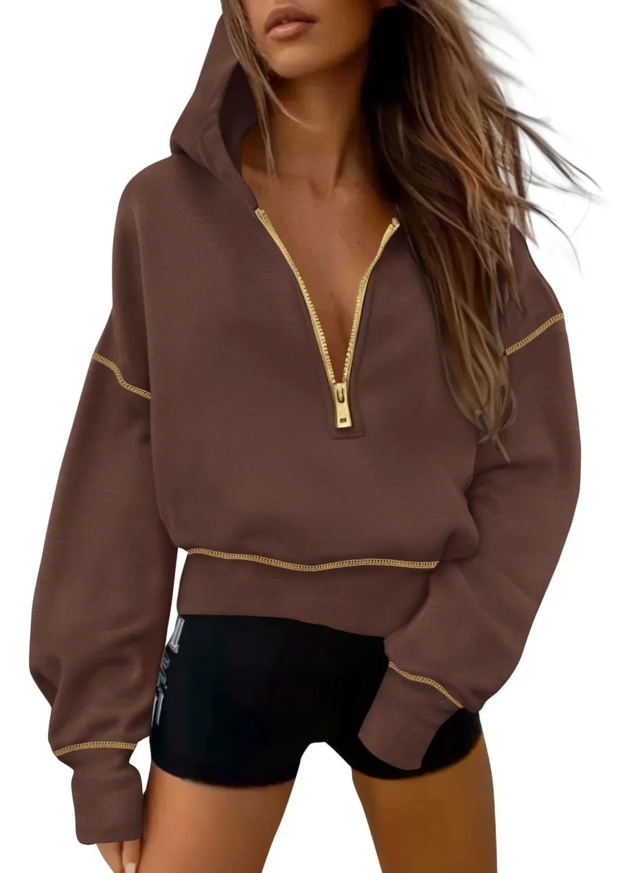 🔥Women's Half Zip Hooded Long Sleeve Cropped Pullover