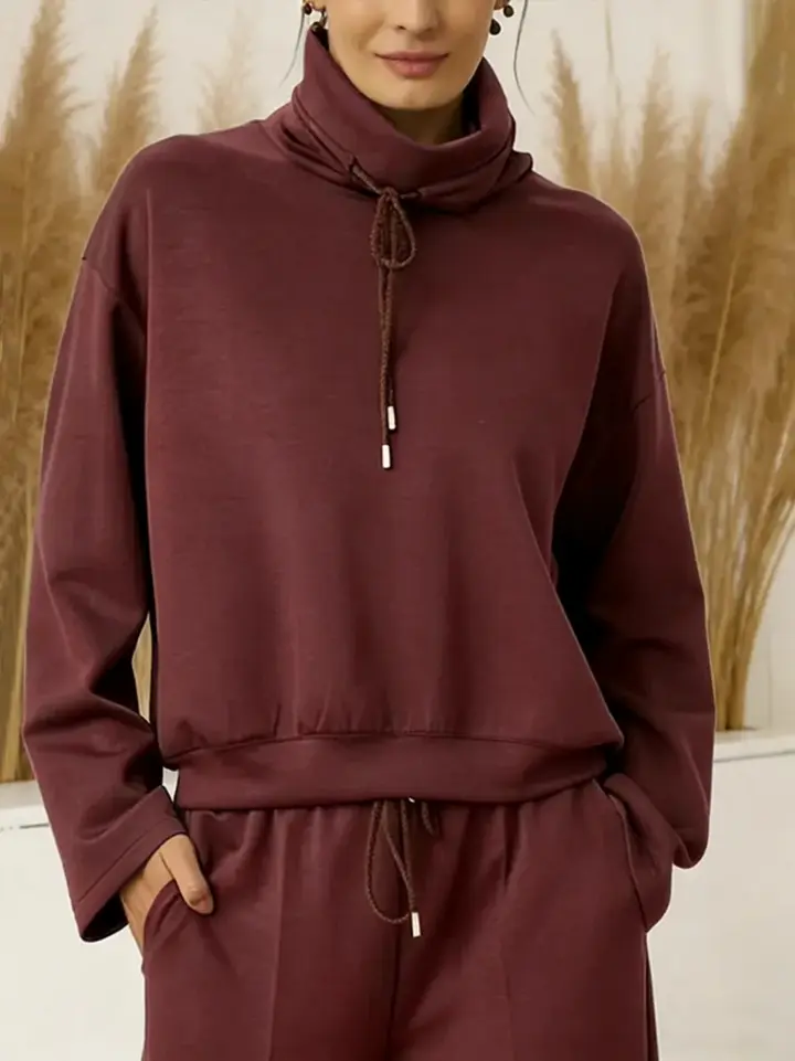 2026 Women's Solid Color High-neck Drawstring Long-sleeve Casual Loose-fitting Sweatshirt 2-piece Set