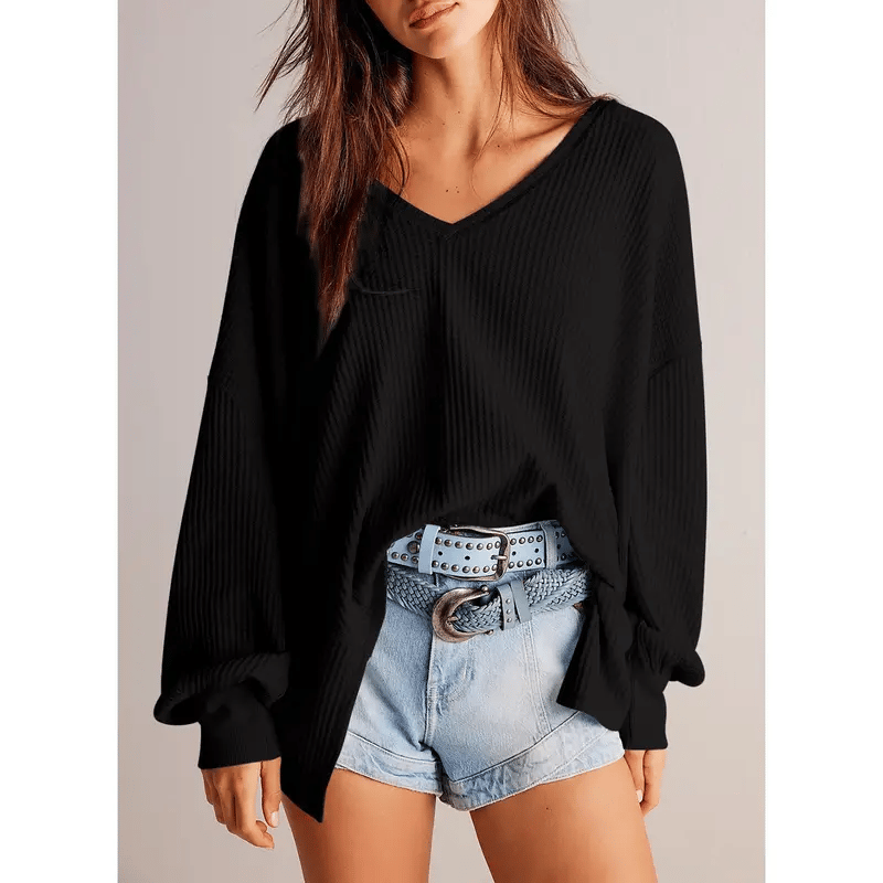 🔥Womens Waffle Knit Tops 2025 Fashion Long Lantern Sleeve Casual Blouses V Neck Oversized T Shirts