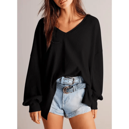 🔥Womens Waffle Knit Tops 2025 Fashion Long Lantern Sleeve Casual Blouses V Neck Oversized T Shirts