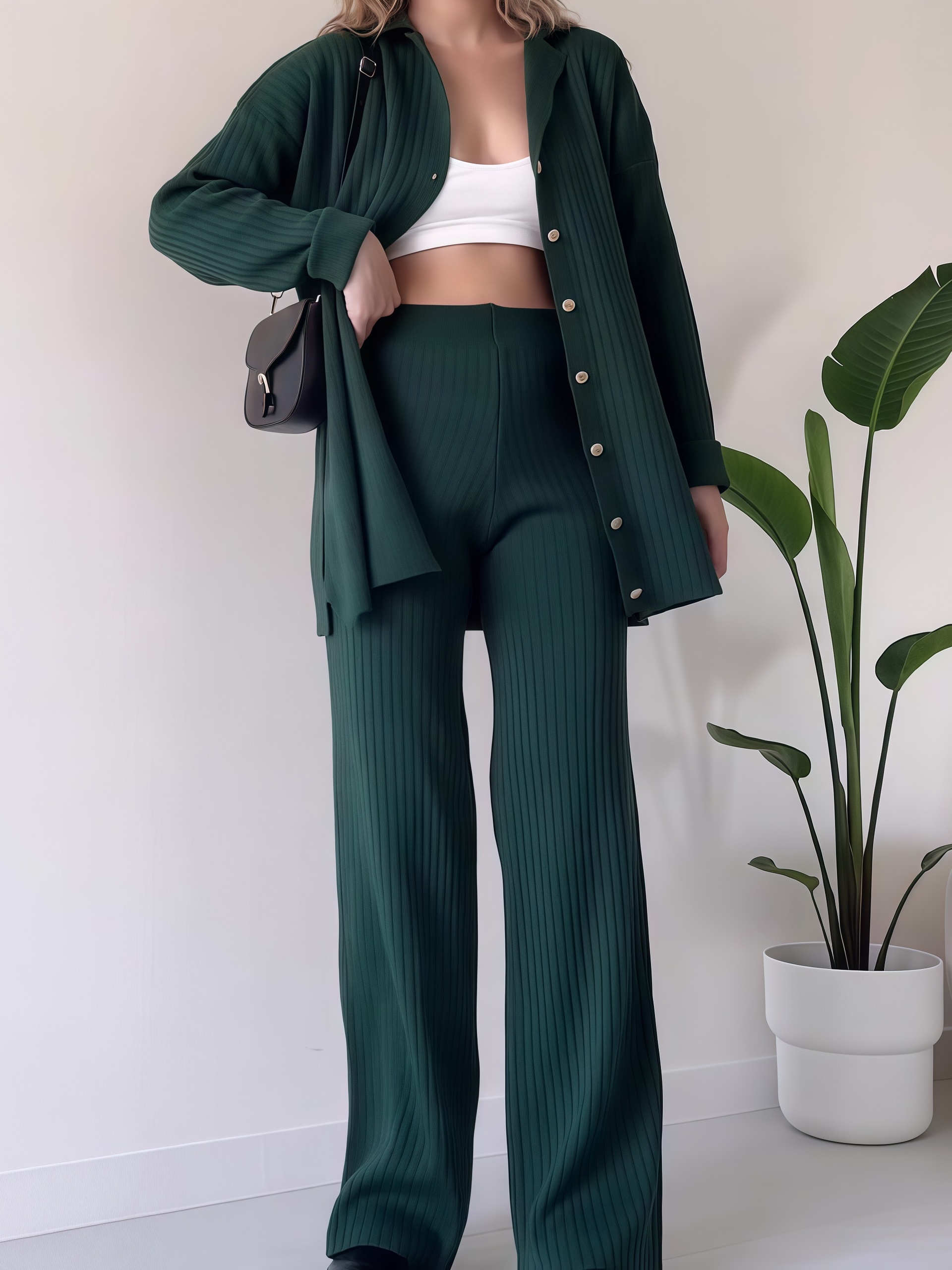 🔥Autumn Winter Knit Two-Piece Set | Button-Up Collar Top & Elastic Waist Pants