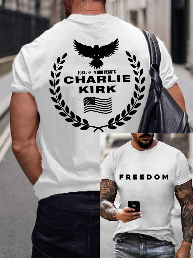 Men's Freedom American Flag Forever In Our Hearts Print Short Sleeve T-shirt