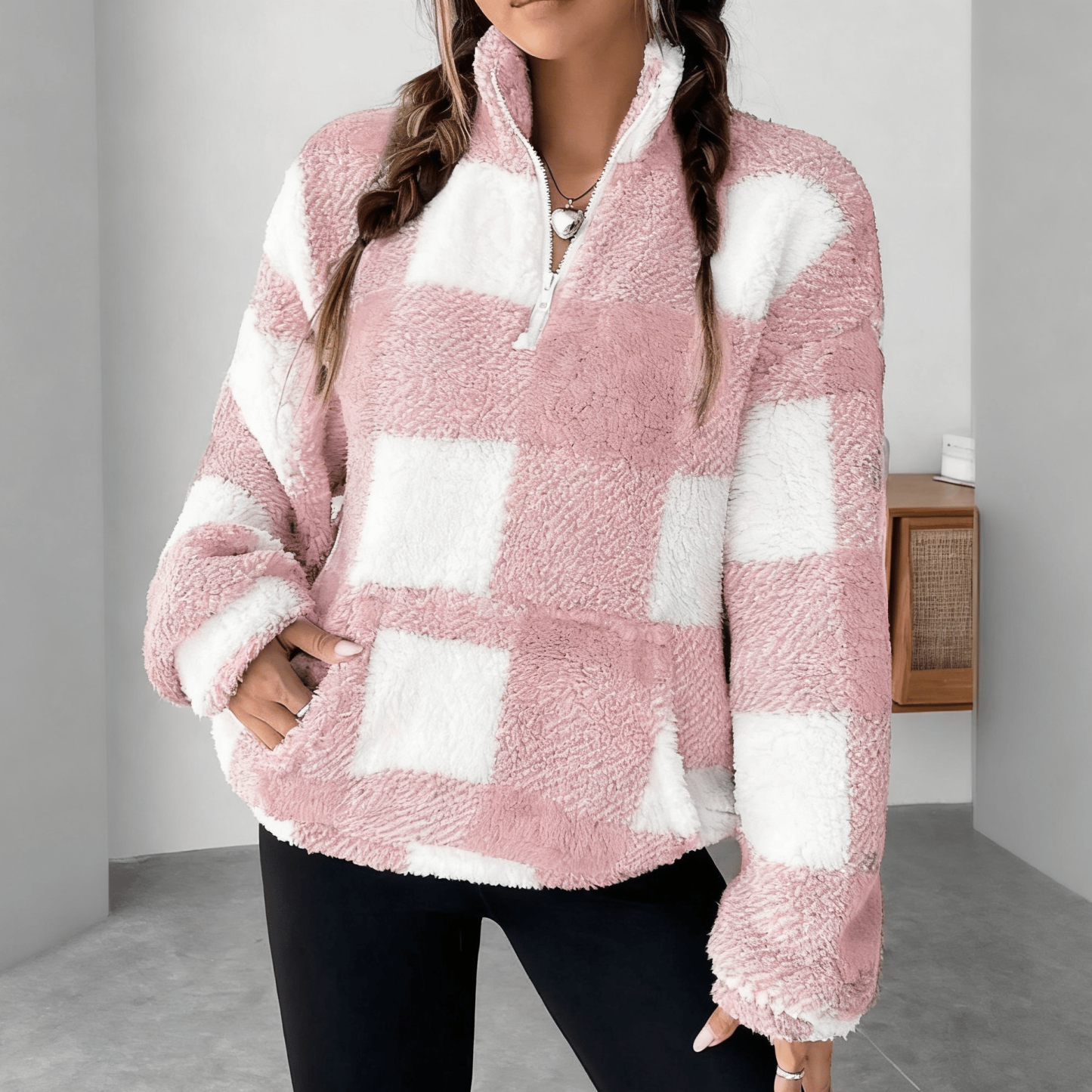 🔥Hot Sale 49% OFF🍂Casual Plaid Pullover – Drop Shoulder Half-Zip Top for Women👩