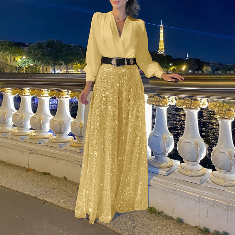 🔥Stylish V-Neck Long Sleeve Shirt & Sequin Wide Leg Pants Two Piece Set