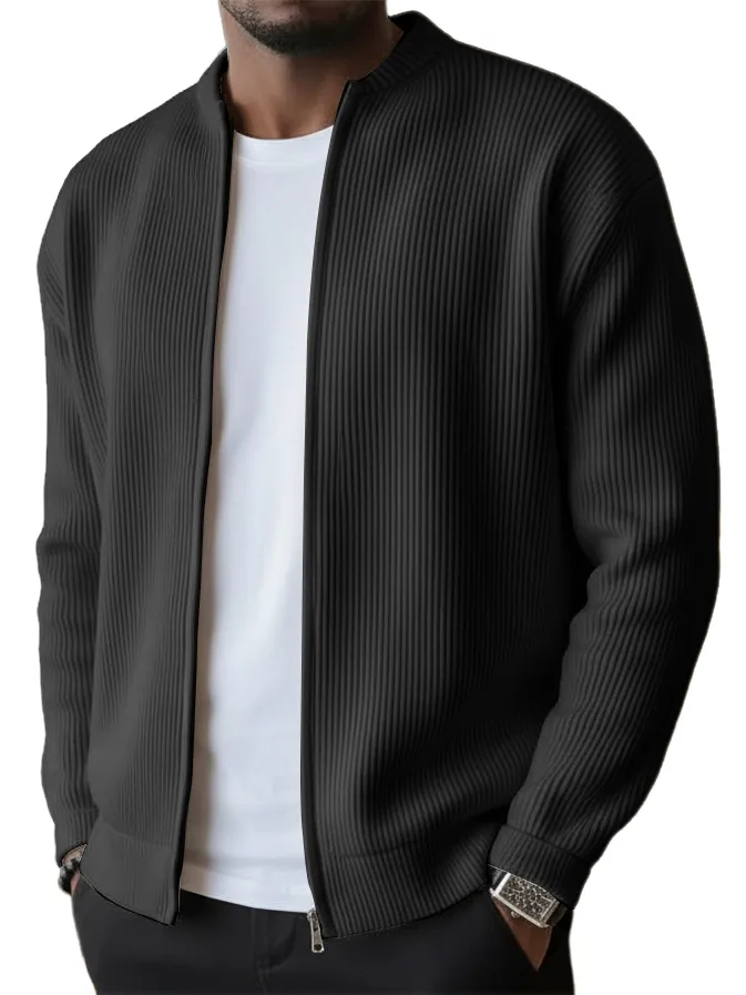 Men's Simple Casual Ribbed Stand Collar Zipper Long Sleeved Jacket