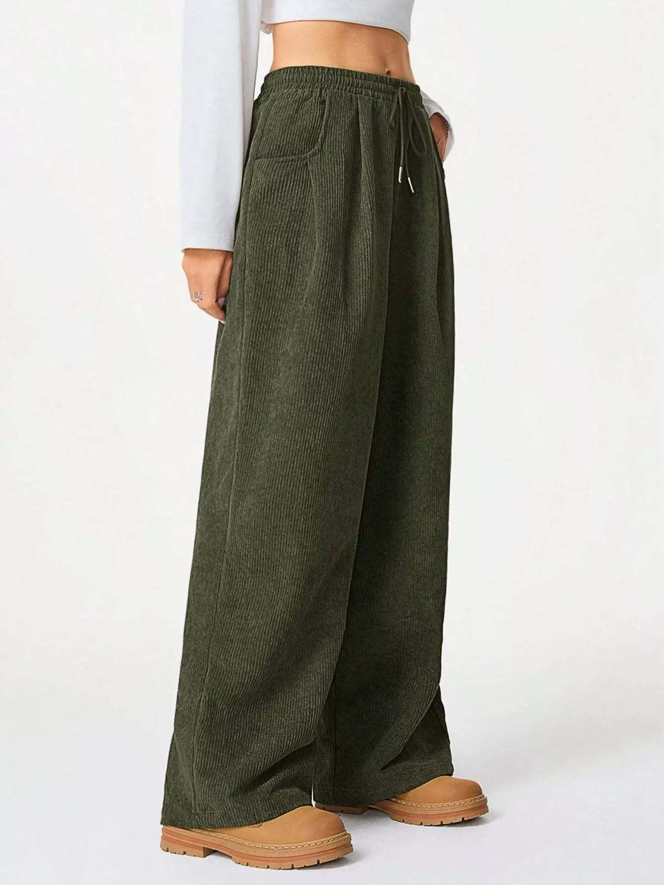 Wide Leg Corduroy Drawstring Pants