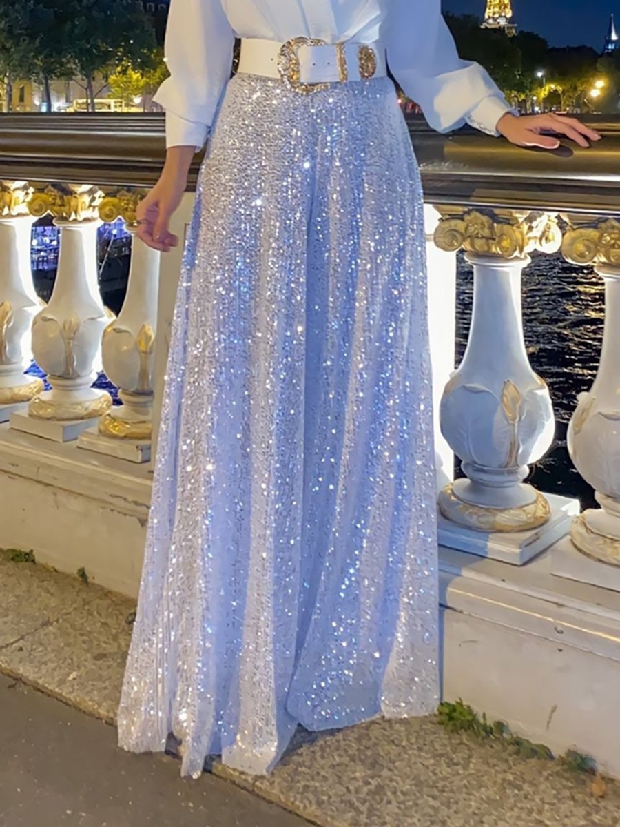 🔥Stylish V-Neck Long Sleeve Shirt & Sequin Wide Leg Pants Two Piece Set