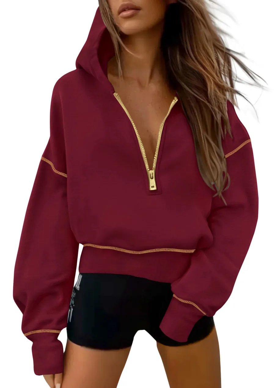 🔥Women's Half Zip Hooded Long Sleeve Cropped Pullover