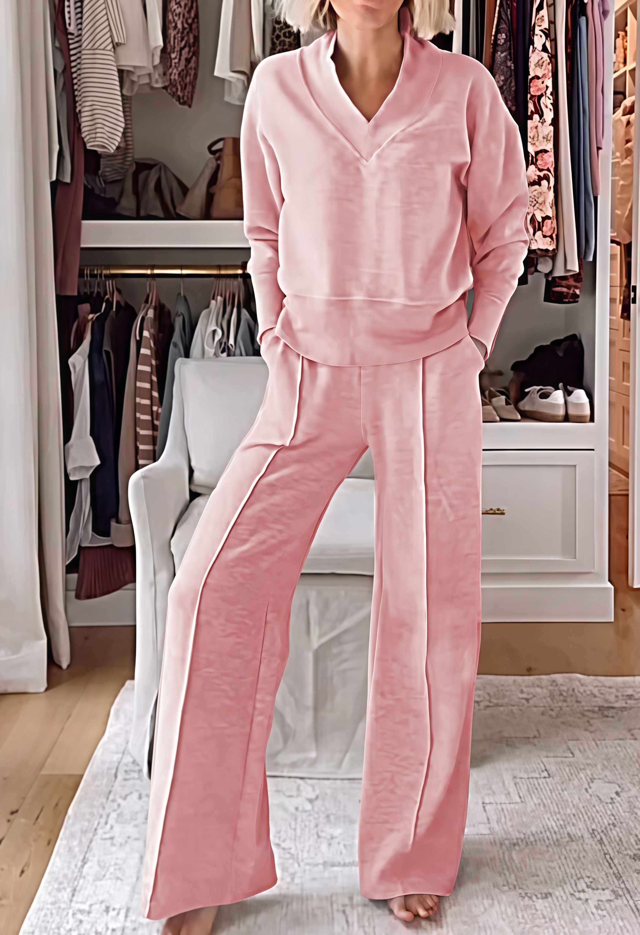 Women's Solid Color V-neck Top & Pants Two-piece Set (🔥Same as in the video)