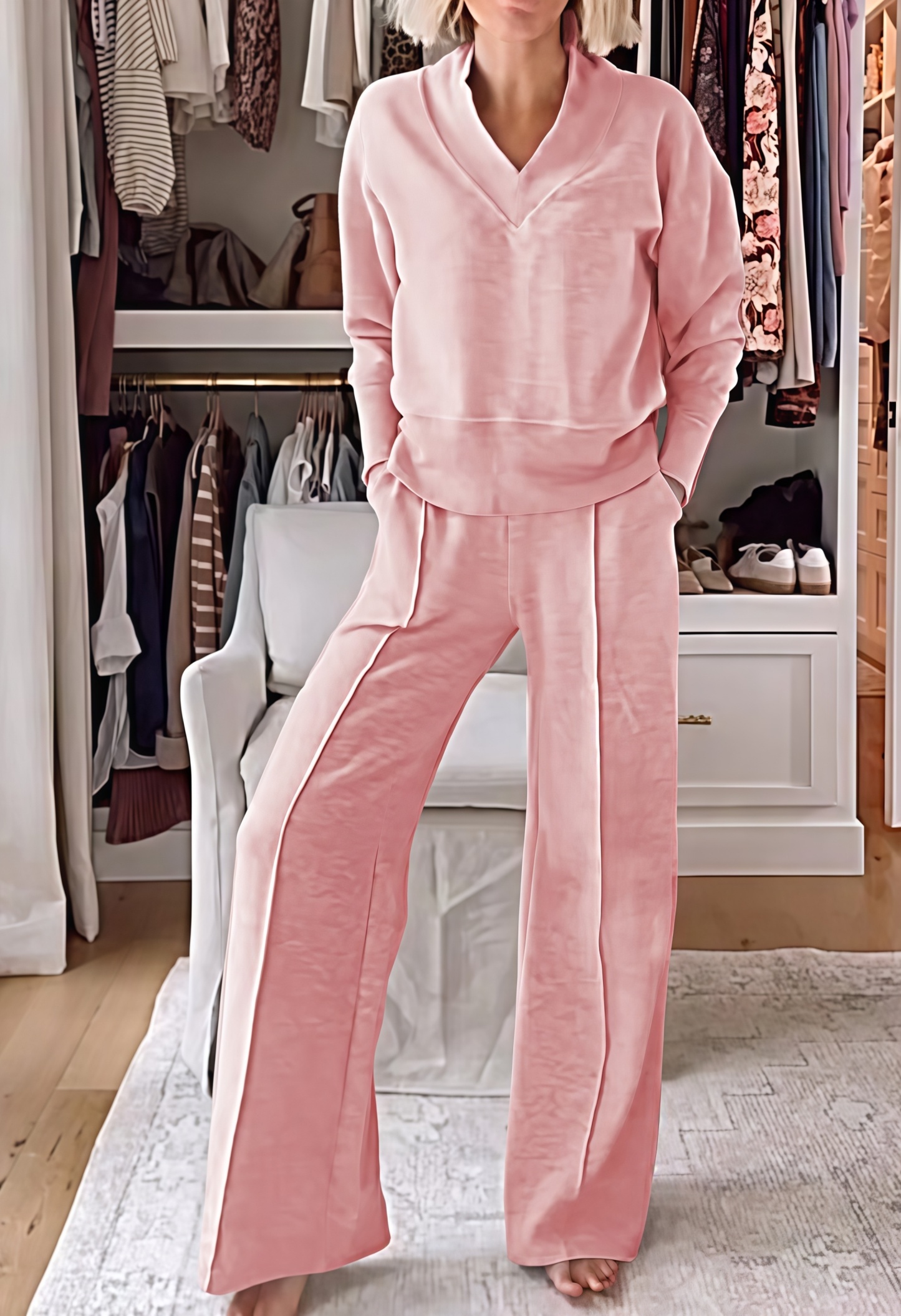 Women's Solid Color V-neck Top & Pants Two-piece Set (🔥Same as in the video)