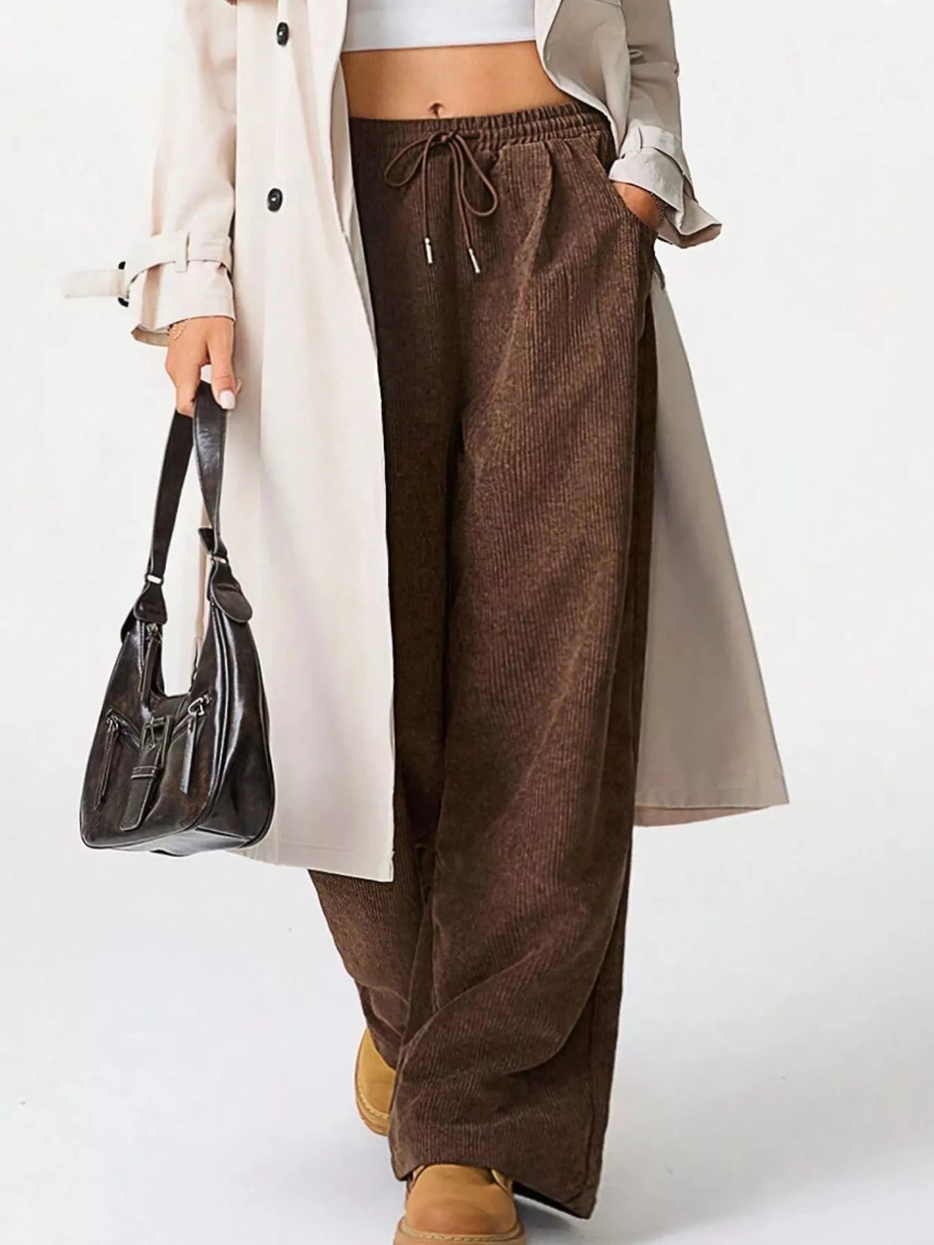 Wide Leg Corduroy Drawstring Pants