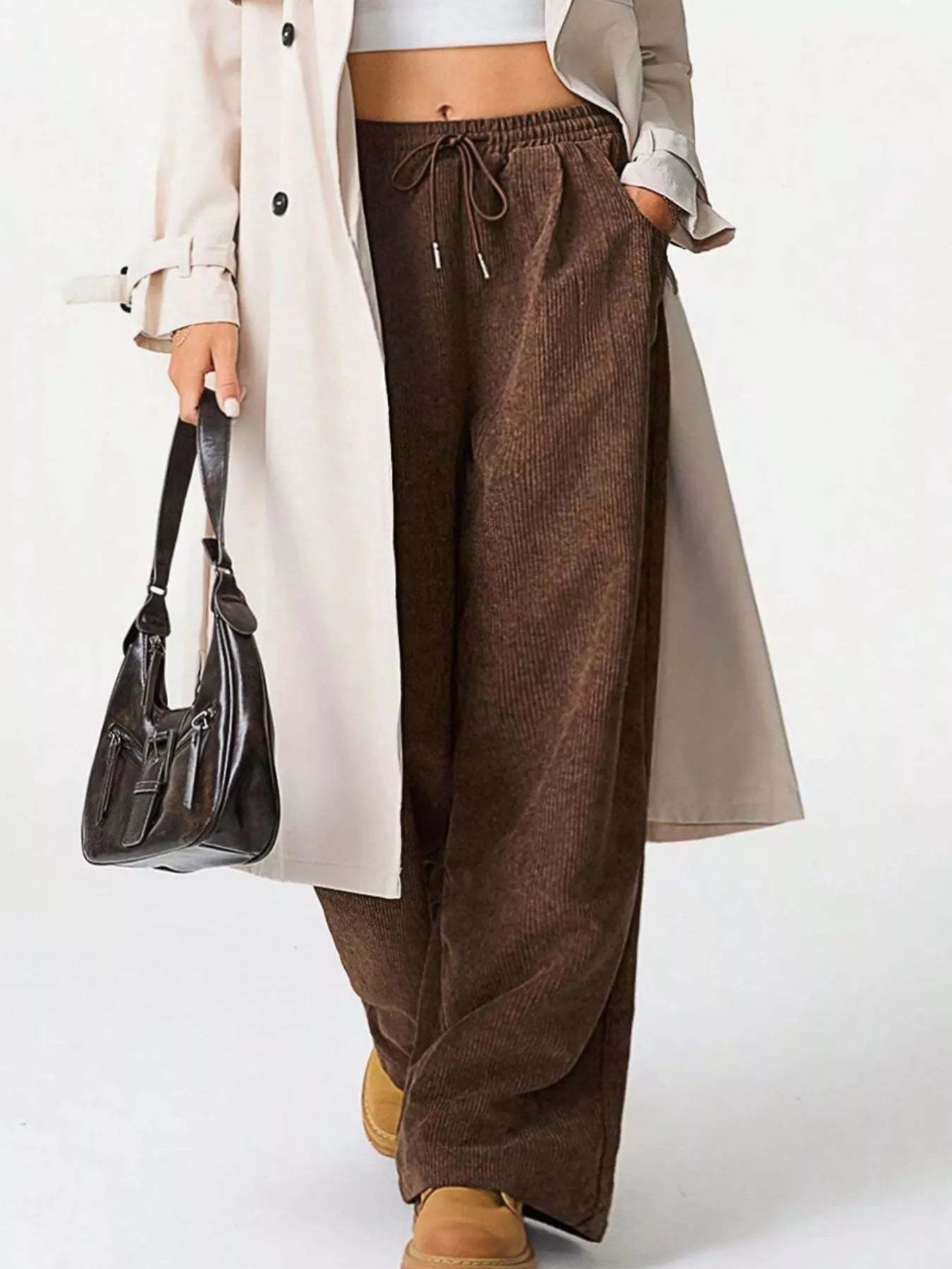 Wide Leg Corduroy Drawstring Pants
