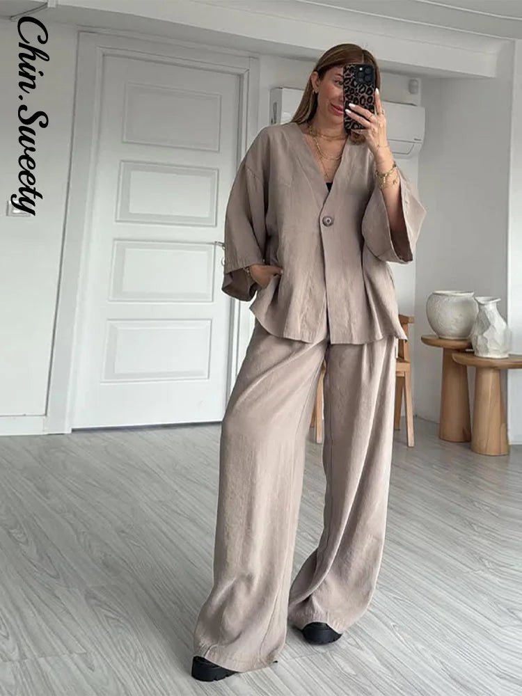 Casual Cotton Linen Loose V-neck One Button Shirt High Waist Wide Leg set