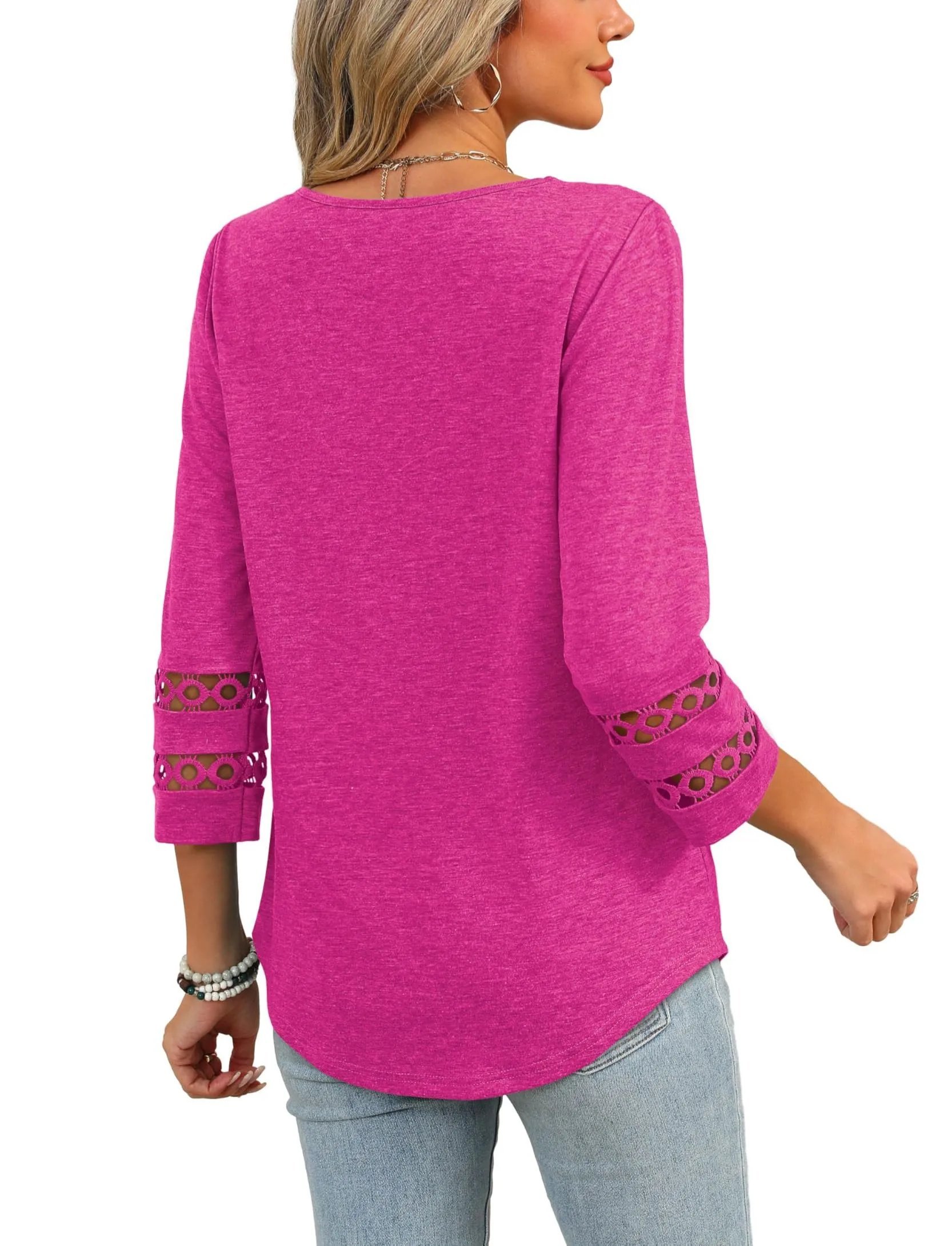 2025 New Womens 3/4 Length Sleeve Tops Trendy V Neck T Shirts