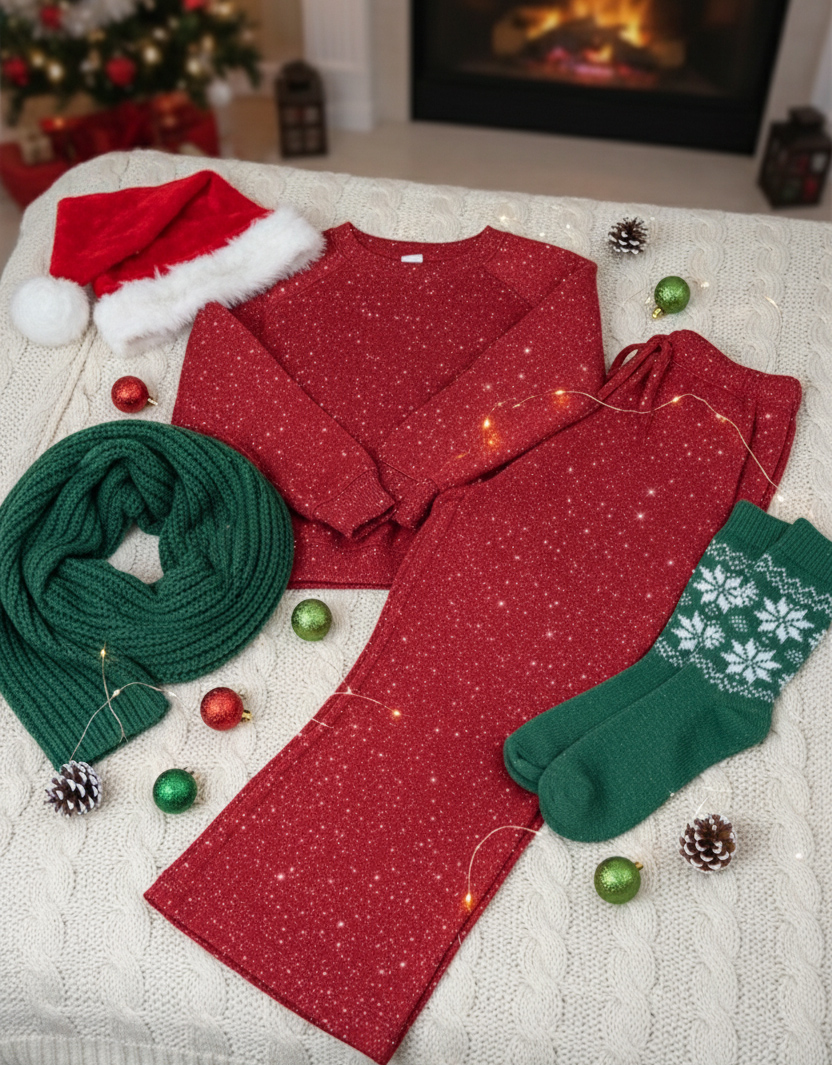 🎄 New Arrivals🔥 Cozy Travel Crew Neck Shiny Sweatshirt and Pant 2 Piece Sets