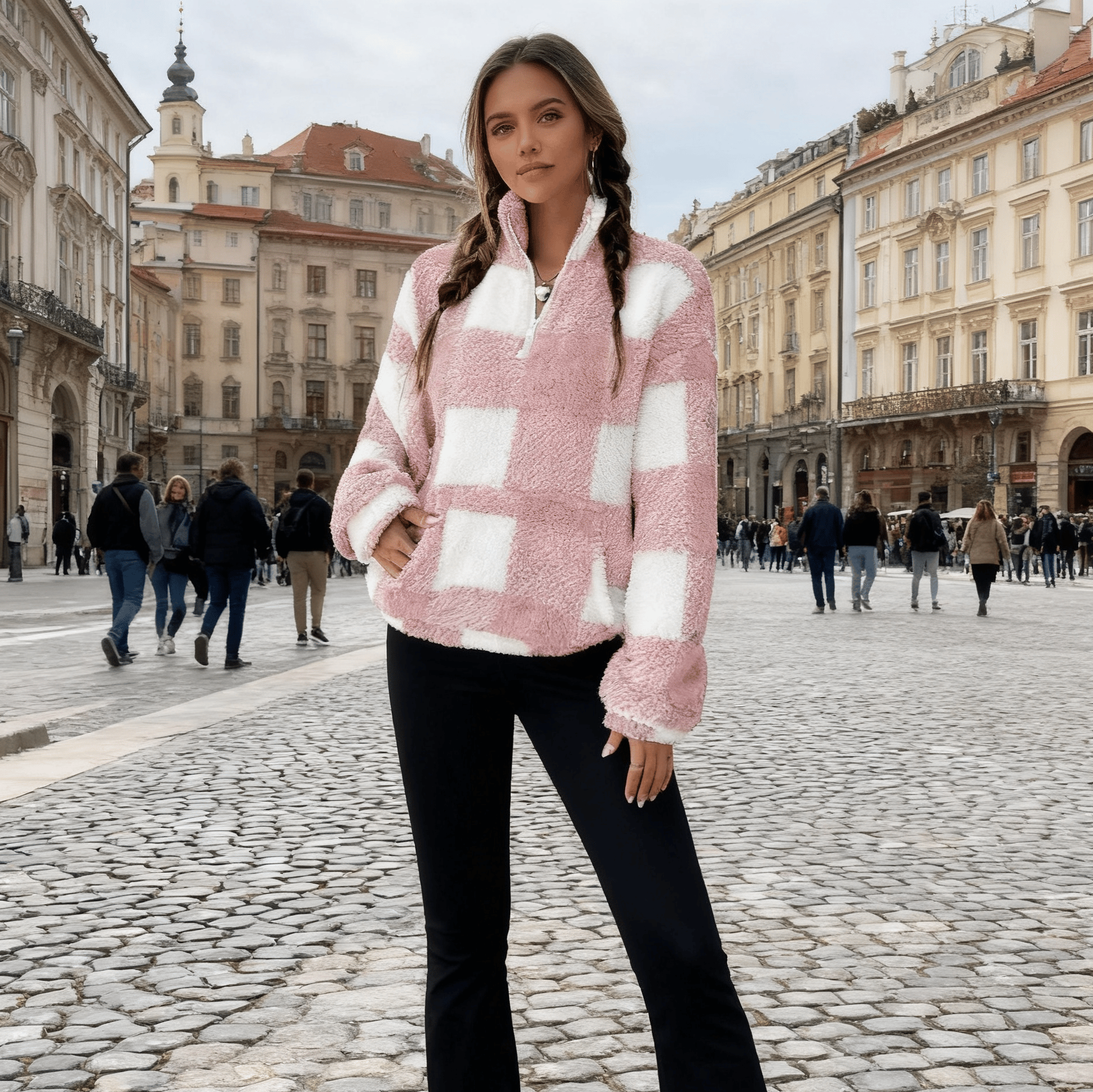 🔥Hot Sale 49% OFF🍂Casual Plaid Pullover – Drop Shoulder Half-Zip Top for Women👩