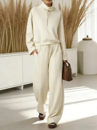 ⏰ LAST DAY 💥2026 Women's Solid Color High-neck Drawstring Long-sleeve Casual Loose-fitting Sweatshirt 2-piece Set