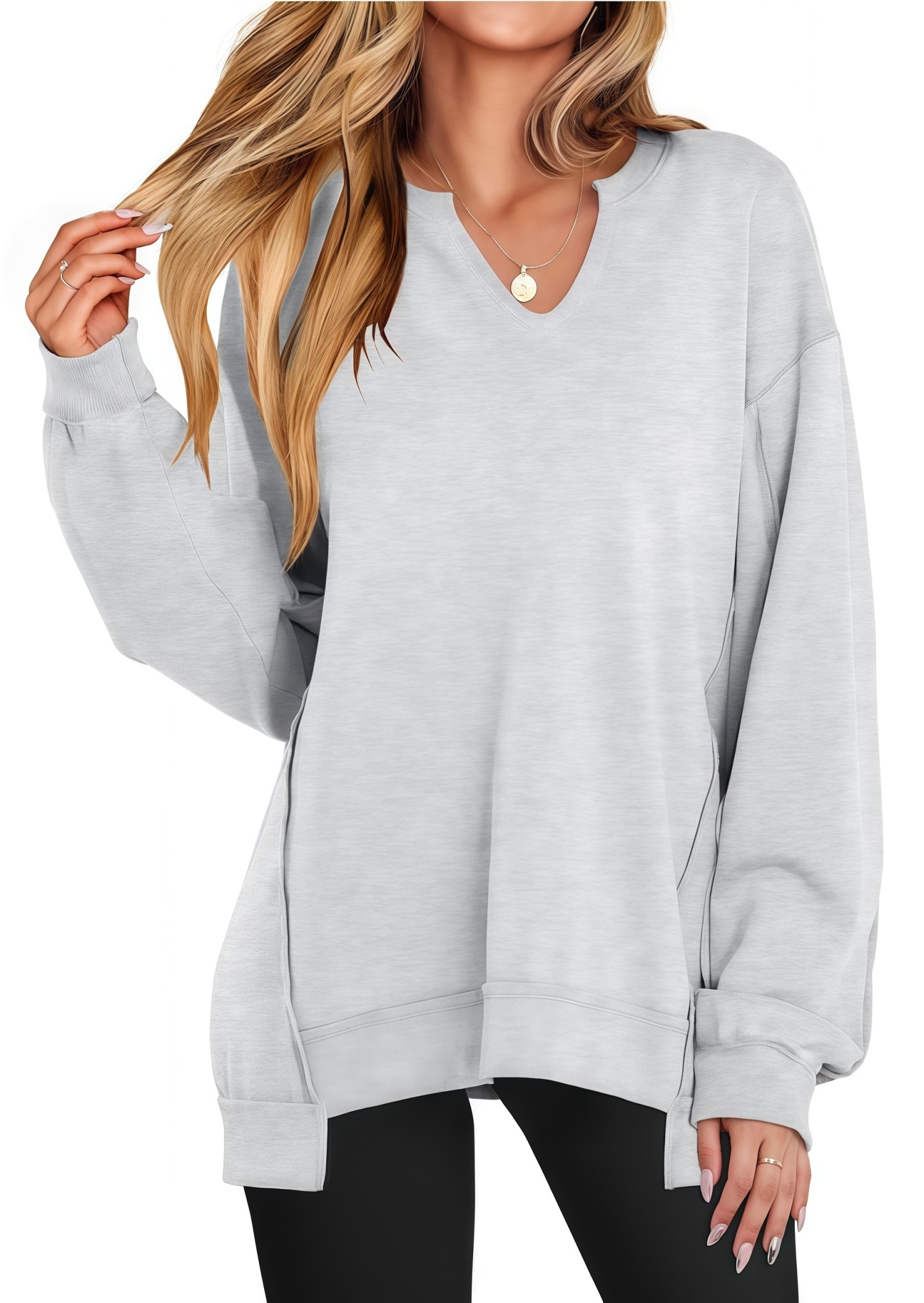 Womens Oversized Sweatshirt V Neck Long Sleeve Tunic Lightweight Pullo