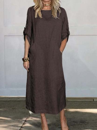 🔥HOT SALE🔥Women Summer Solid Color Linen Cotton Casual Double Side Pocket Dress(ALMOST SOLD OUT)