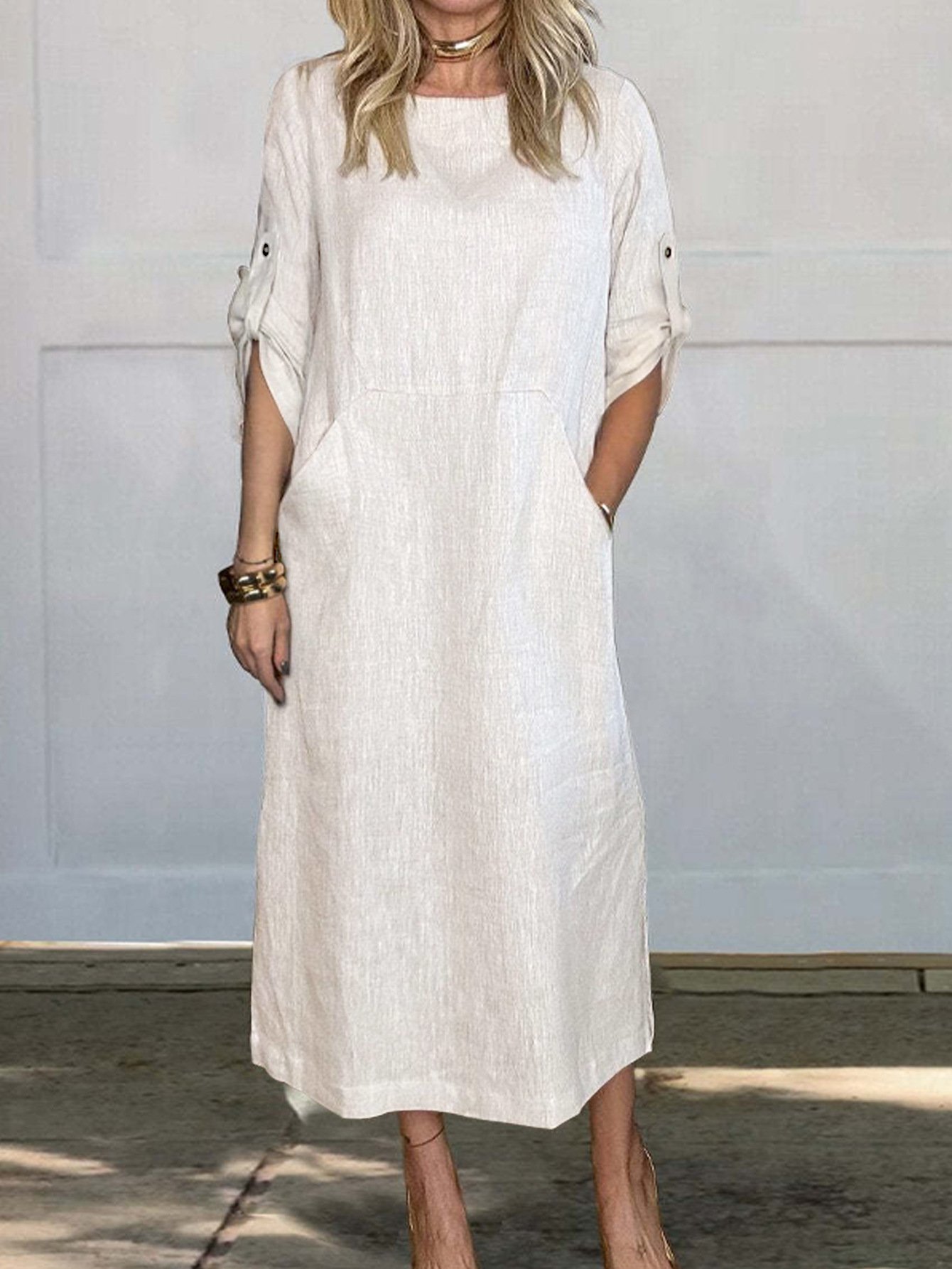 🔥HOT SALE🔥Women Summer Solid Color Linen Cotton Casual Double Side Pocket Dress(ALMOST SOLD OUT)