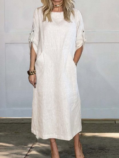 🔥HOT SALE🔥Women Summer Solid Color Linen Cotton Casual Double Side Pocket Dress(ALMOST SOLD OUT)