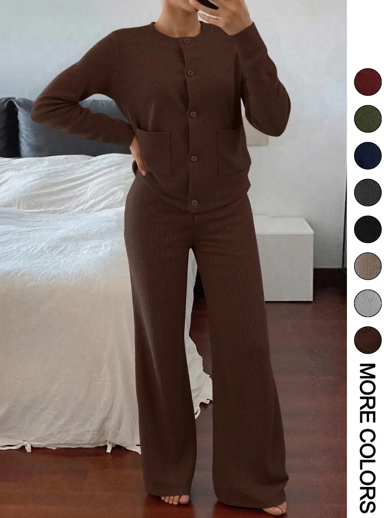 Women's Casual Comfortable Round Neck Long Sleeve Knit Sweater Set, High Waist Versatile Wide Leg Pants, Perfect for Daily Wear