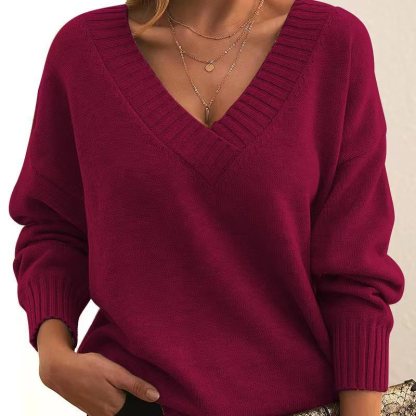 Solid V-neck Sweater Fashion Loose Long-sleeved Knitted Tops Autumn And Winter Women's Clothing