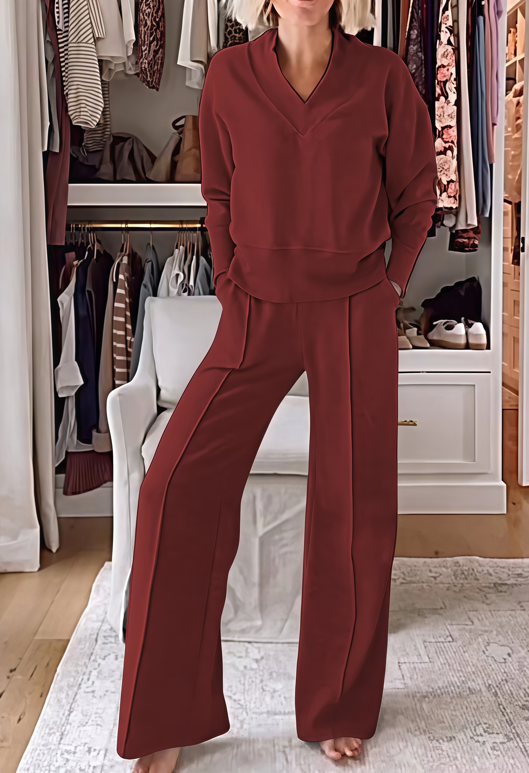 Women's Solid Color V-neck Top & Pants Two-piece Set (🔥Same as in the video)