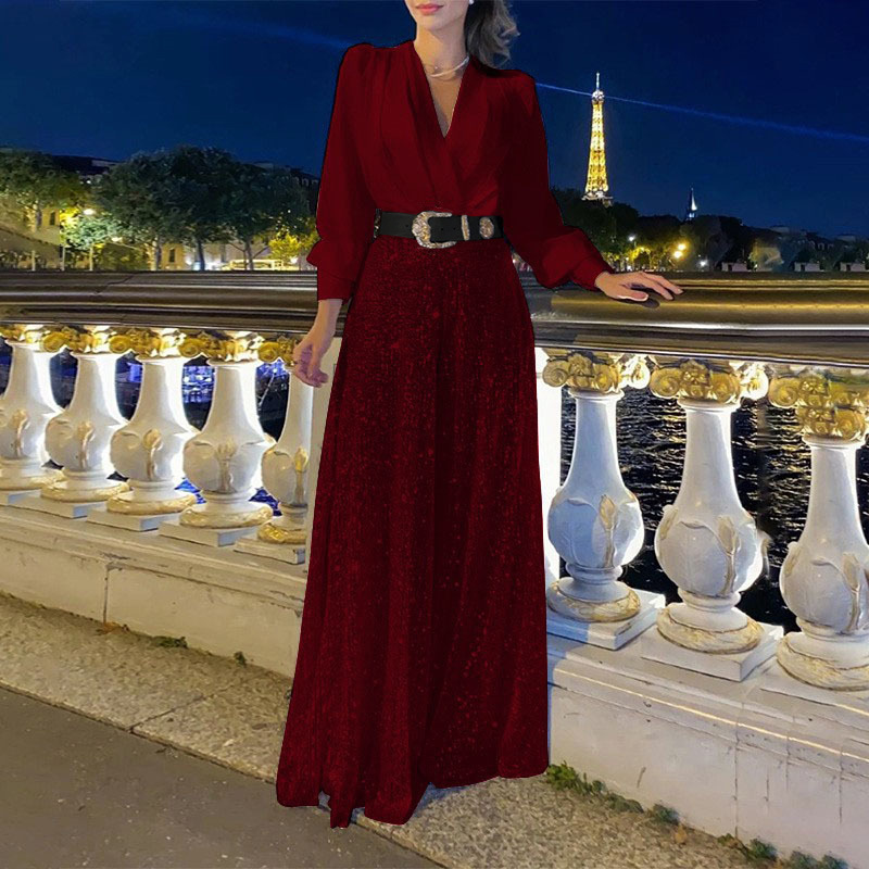 🔥Stylish V-Neck Long Sleeve Shirt & Sequin Wide Leg Pants Two Piece Set