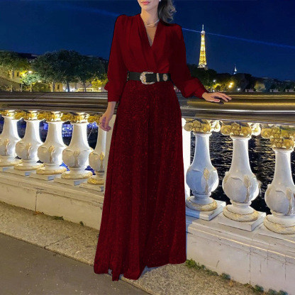🔥Stylish V-Neck Long Sleeve Shirt & Sequin Wide Leg Pants Two Piece Set
